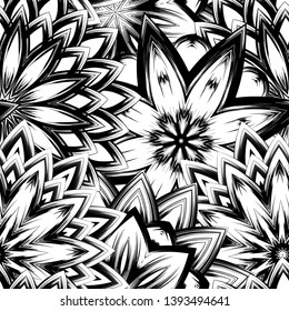 Seamless floral background. Tracery handmade nature ethnic fabric backdrop pattern with saturated dark flowers. Textile design texture. Decorative binary monochrome black and white art. Vector