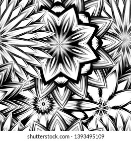 Seamless floral background. Tracery handmade nature ethnic fabric backdrop pattern with saturated dark flowers. Textile design texture. Decorative binary monochrome black and white art. Vector