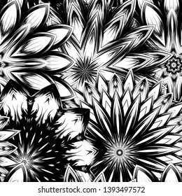 Seamless floral background. Tracery handmade nature ethnic fabric backdrop pattern with saturated dark flowers. Textile design texture. Decorative binary monochrome black and white art. Vector