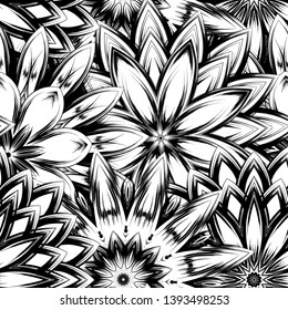 Seamless floral background. Tracery handmade nature ethnic fabric backdrop pattern with saturated dark flowers. Textile design texture. Decorative binary monochrome black and white art. Vector