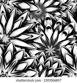 Seamless floral background. Tracery handmade nature ethnic fabric backdrop pattern with saturated dark flowers. Textile design texture. Decorative binary monochrome black and white art. Vector