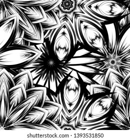 Seamless floral background. Tracery handmade nature ethnic fabric backdrop pattern with saturated dark flowers. Textile design texture. Decorative binary monochrome black and white art. Vector