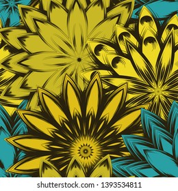 Seamless floral background. Tracery handmade nature ethnic fabric backdrop pattern with flowers. Textile design texture. Decorative color art. Vector