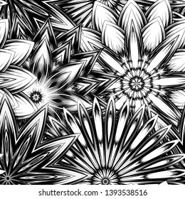 Seamless floral background. Tracery handmade nature ethnic fabric backdrop pattern with saturated dark flowers. Textile design texture. Decorative binary monochrome black and white art. Vector