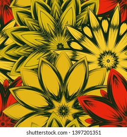 Seamless floral background. Tracery handmade nature ethnic fabric backdrop pattern with saturated dark flowers. Textile design texture. Decorative binary monochrome black and white art. Vector