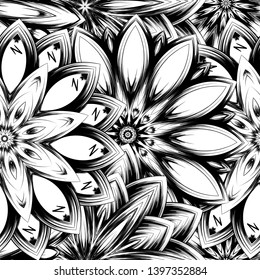 Seamless floral background. Tracery handmade nature ethnic fabric backdrop pattern with saturated dark flowers. Textile design texture. Decorative binary monochrome black and white art. Vector