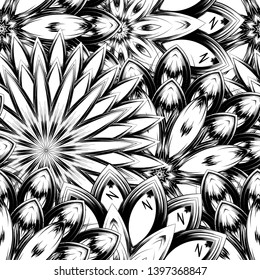 Seamless floral background. Tracery handmade nature ethnic fabric backdrop pattern with saturated dark flowers. Textile design texture. Decorative binary monochrome black and white art. Vector