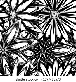 Seamless floral background. Tracery handmade nature ethnic fabric backdrop pattern with saturated dark flowers. Textile design texture. Decorative binary monochrome black and white art. Vector