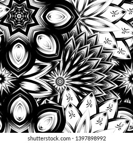 Seamless floral background. Tracery handmade nature ethnic fabric backdrop pattern with saturated dark flowers. Textile design texture. Decorative binary monochrome black and white art. Vector