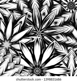 Seamless floral background. Tracery handmade nature ethnic fabric backdrop pattern with saturated dark flowers. Textile design texture. Decorative binary monochrome black and white art. Vector