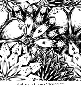 Seamless floral background. Tracery handmade nature ethnic fabric backdrop pattern with saturated dark flowers. Textile design texture. Decorative binary monochrome black and white art. Vector
