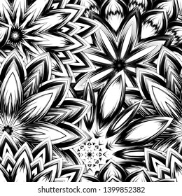 Seamless floral background. Tracery handmade nature ethnic fabric backdrop pattern with saturated dark flowers. Textile design texture. Decorative binary monochrome black and white art. Vector