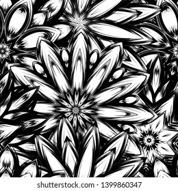 Seamless floral background. Tracery handmade nature ethnic fabric backdrop pattern with saturated dark flowers. Textile design texture. Decorative binary monochrome black and white art. Vector