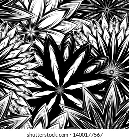 Seamless floral background. Tracery handmade nature ethnic fabric backdrop pattern with saturated dark flowers. Textile design texture. Decorative binary monochrome black and white art. Vector