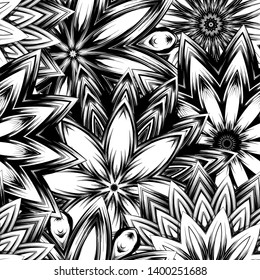 Seamless floral background. Tracery handmade nature ethnic fabric backdrop pattern with saturated dark flowers. Textile design texture. Decorative binary monochrome black and white art. Vector
