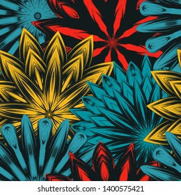 Seamless floral background. Tracery handmade nature ethnic fabric backdrop pattern with saturated dark flowers. Textile design texture. Decorative binary monochrome black and white art. Vector