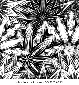 Seamless floral background. Tracery handmade nature ethnic fabric backdrop pattern with saturated dark flowers. Textile design texture. Decorative binary monochrome black and white art. Vector