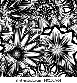 Seamless floral background. Tracery handmade nature ethnic fabric backdrop pattern with saturated dark flowers. Textile design texture. Decorative binary monochrome black and white art. Vector