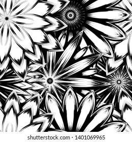 Seamless floral background. Tracery handmade nature ethnic fabric backdrop pattern with saturated dark flowers. Textile design texture. Decorative binary monochrome black and white art. Vector