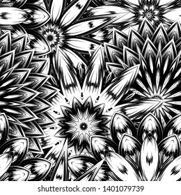 Seamless floral background. Tracery handmade nature ethnic fabric backdrop pattern with saturated dark flowers. Textile design texture. Decorative binary monochrome black and white art. Vector