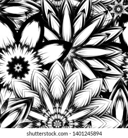 Seamless floral background. Tracery handmade nature ethnic fabric backdrop pattern with saturated dark flowers. Textile design texture. Decorative binary monochrome black and white art. Vector