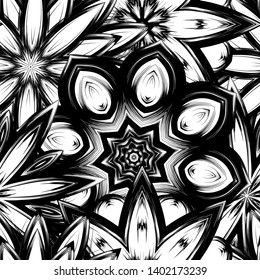 Seamless floral background. Tracery handmade nature ethnic fabric backdrop pattern with saturated dark flowers. Textile design texture. Decorative binary monochrome black and white art. Vector