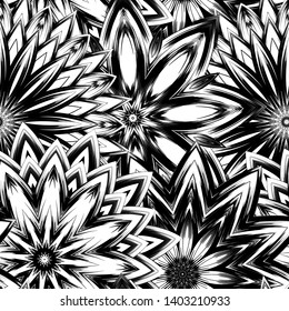 Seamless floral background. Tracery handmade nature ethnic fabric backdrop pattern with saturated dark flowers. Textile design texture. Decorative binary monochrome black and white art. Vector