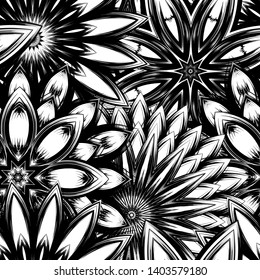 Seamless floral background. Tracery handmade nature ethnic fabric backdrop pattern with saturated dark flowers. Textile design texture. Decorative binary monochrome black and white art. Vector