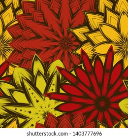 Seamless floral background. Tracery handmade nature ethnic fabric backdrop pattern with saturated dark flowers. Textile design texture. Decorative binary monochrome black and white art. Vector