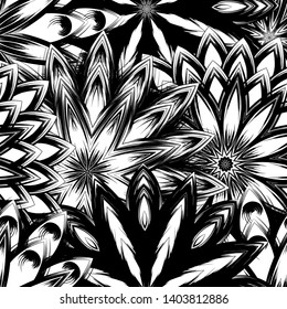 Seamless floral background. Tracery handmade nature ethnic fabric backdrop pattern with saturated dark flowers. Textile design texture. Decorative binary monochrome black and white art. Vector