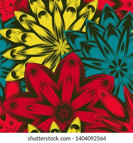 Seamless floral background. Tracery handmade nature ethnic fabric backdrop pattern with saturated dark flowers. Textile design texture. Decorative binary monochrome black and white art. Vector