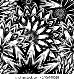 Seamless floral background. Tracery handmade nature ethnic fabric backdrop pattern with saturated dark flowers. Textile design texture. Decorative binary monochrome black and white art. Vector