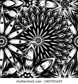 Seamless floral background. Tracery handmade nature ethnic fabric backdrop pattern with saturated dark flowers. Textile design texture. Decorative binary monochrome black and white art. Vector