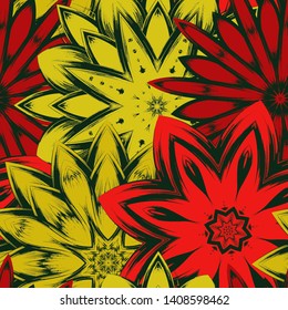 Seamless floral background. Tracery handmade nature ethnic fabric backdrop pattern with saturated dark flowers. Textile design texture. Decorative binary monochrome black and white art. Vector