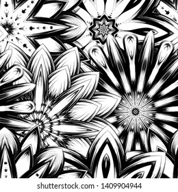 Seamless floral background. Tracery handmade nature ethnic fabric backdrop pattern with saturated dark flowers. Textile design texture. Decorative binary monochrome black and white art. Vector