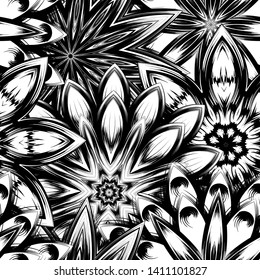 Seamless floral background. Tracery handmade nature ethnic fabric backdrop pattern with saturated dark flowers. Textile design texture. Decorative binary monochrome black and white art. Vector