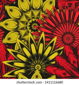 Seamless floral background. Tracery handmade nature ethnic fabric backdrop pattern with saturated dark flowers. Textile design texture. Decorative binary monochrome black and white art. Vector