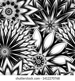 Seamless floral background. Tracery handmade nature ethnic fabric backdrop pattern with saturated dark flowers. Textile design texture. Decorative binary monochrome black and white art. Vector