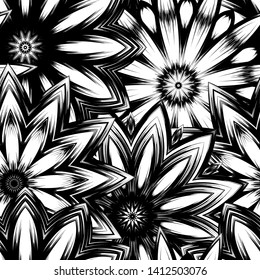Seamless floral background. Tracery handmade nature ethnic fabric backdrop pattern with saturated dark flowers. Textile design texture. Decorative binary monochrome black and white art. Vector
