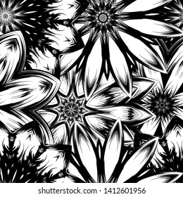 Seamless floral background. Tracery handmade nature ethnic fabric backdrop pattern with saturated dark flowers. Textile design texture. Decorative binary monochrome black and white art. Vector