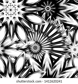 Seamless floral background. Tracery handmade nature ethnic fabric backdrop pattern with saturated dark flowers. Textile design texture. Decorative binary monochrome black and white art. Vector