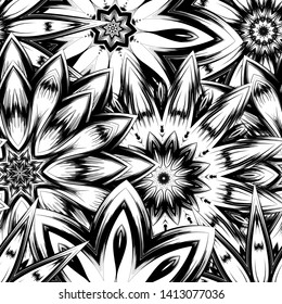 Seamless floral background. Tracery handmade nature ethnic fabric backdrop pattern with saturated dark flowers. Textile design texture. Decorative binary monochrome black and white art. Vector