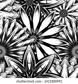 Seamless floral background. Tracery handmade nature ethnic fabric backdrop pattern with saturated dark flowers. Textile design texture. Decorative binary monochrome black and white art. Vector