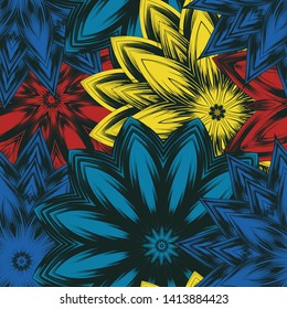 Seamless floral background. Tracery handmade nature ethnic fabric backdrop pattern with saturated dark flowers. Textile design texture. Decorative binary monochrome black and white art. Vector
