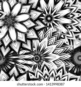 Seamless floral background. Tracery handmade nature ethnic fabric backdrop pattern with saturated dark flowers. Textile design texture. Decorative binary monochrome black and white art. Vector