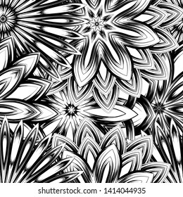 Seamless floral background. Tracery handmade nature ethnic fabric backdrop pattern with saturated dark flowers. Textile design texture. Decorative binary monochrome black and white art. Vector