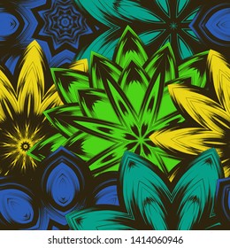 Seamless floral background. Tracery handmade nature ethnic fabric backdrop pattern with saturated dark flowers. Textile design texture. Decorative binary monochrome black and white art. Vector