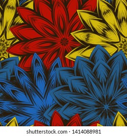 Seamless floral background. Tracery handmade nature ethnic fabric backdrop pattern with saturated dark flowers. Textile design texture. Decorative binary monochrome black and white art. Vector