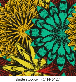 Seamless floral background. Tracery handmade nature ethnic fabric backdrop pattern with saturated dark flowers. Textile design texture. Decorative binary monochrome black and white art. Vector