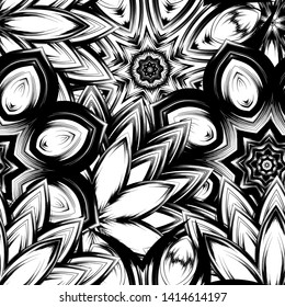 Seamless floral background. Tracery handmade nature ethnic fabric backdrop pattern with saturated dark flowers. Textile design texture. Decorative binary monochrome black and white art. Vector